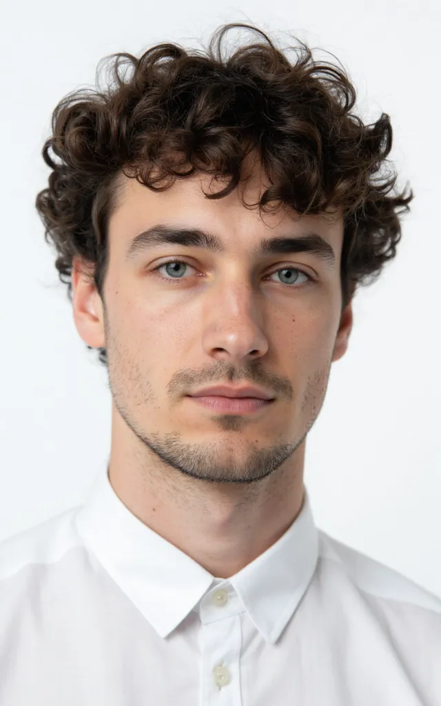 A French male model with Curly hair, wearing a shirt, against a white background, in a front   facing bust portrait